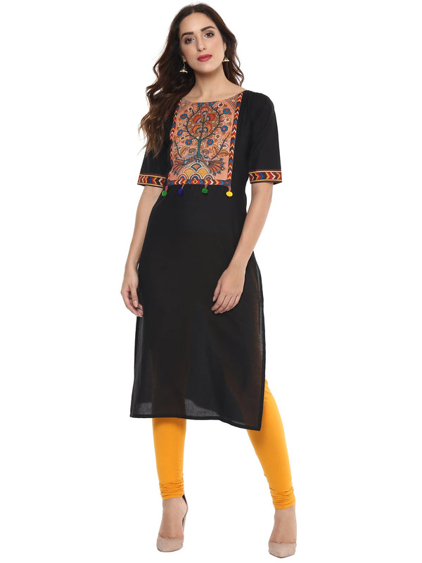 Women's Black Printed Straight Cotton Only Kurta - Ahalyaa