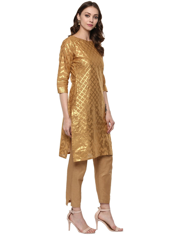 Short Beige Cotton Blend Kurta With Metallic Gold Chevron Print