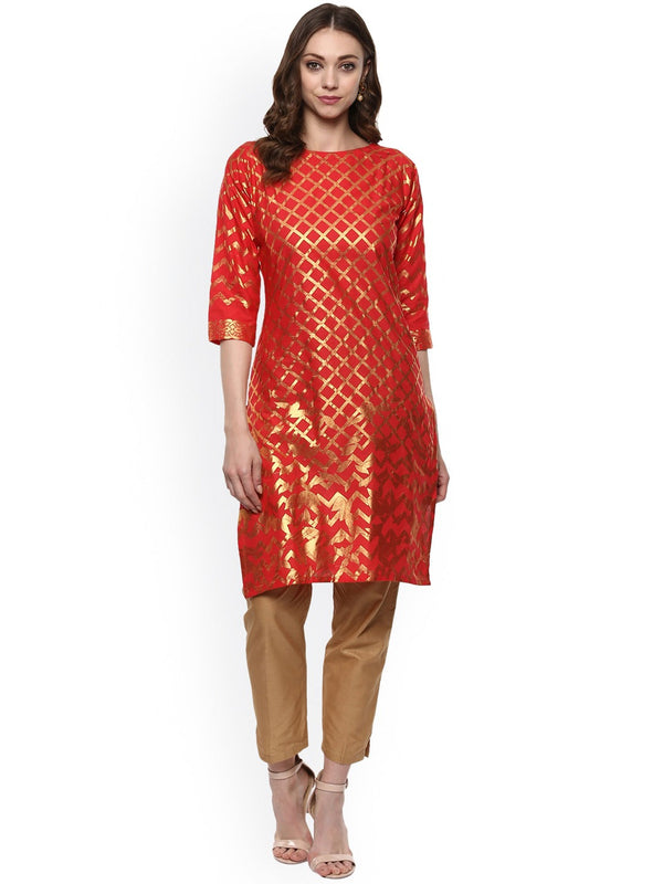 Women's Red Cotton Gold-Toned Smoke Printed Straight Kurta- Ahalyaa