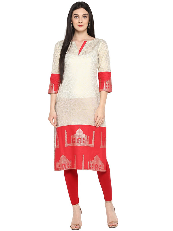 Off White & Red Metallic Printed Straight Cotton Blend Kurta