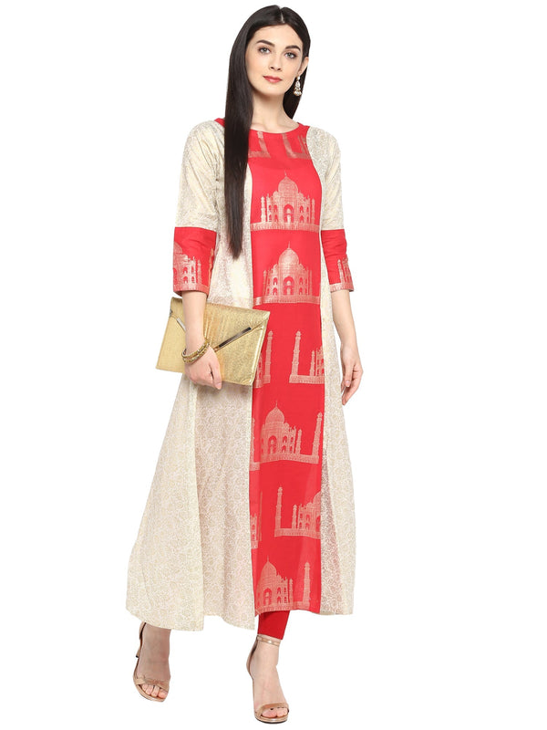 Off White & Red Kurta with Taj Mahal Print and Brocade Look