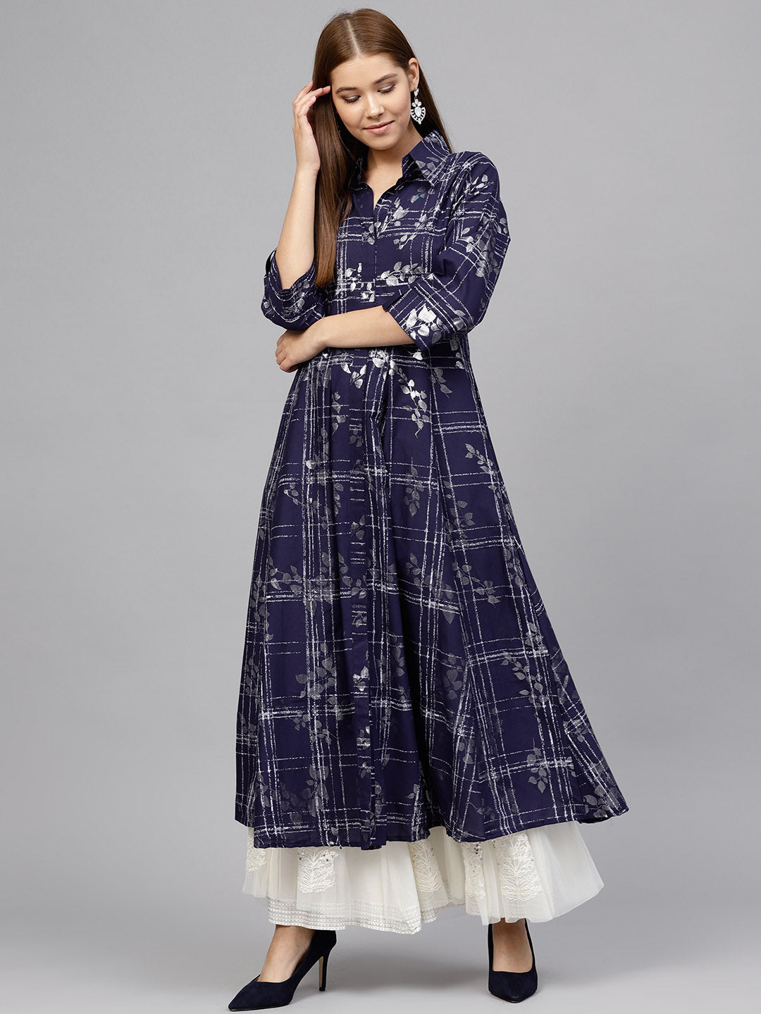 Women's Navy Blue Cotton Printed Kurta - Ahalyaa