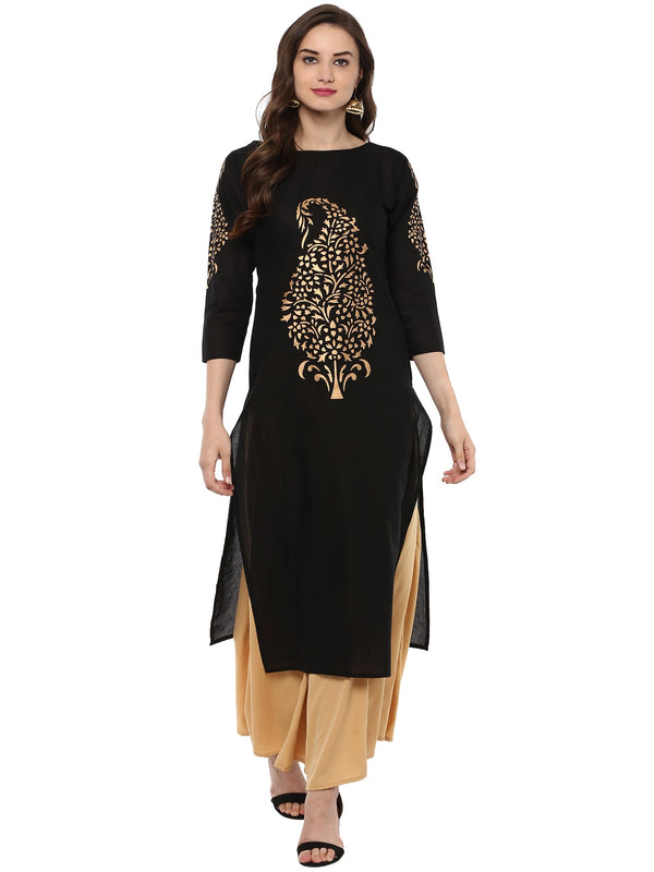 Women's Gold Paisley  Hand Printed Black Cotton Only Kurta - Ahalyaa