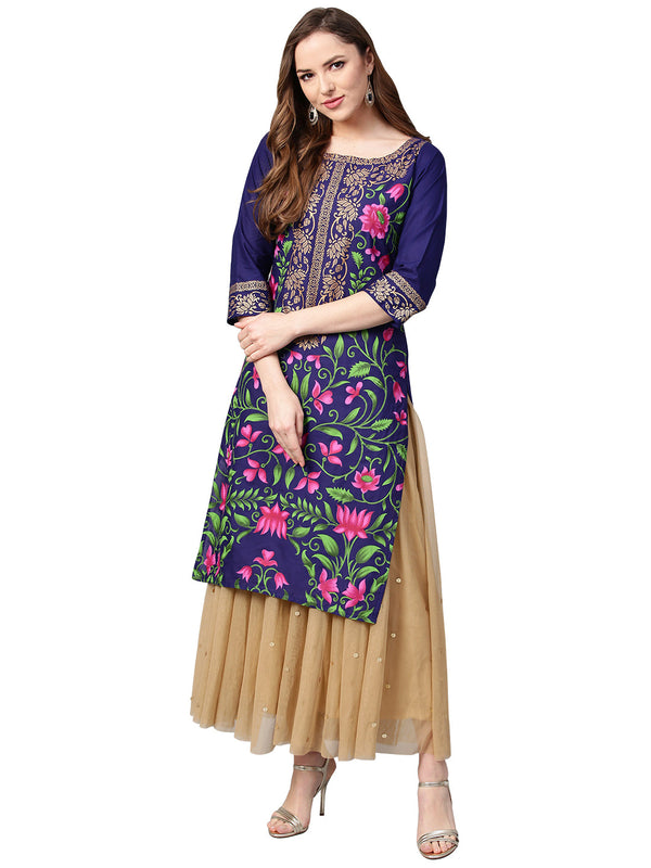 Women's Navy Blue Cotton Only Kurta - Ahalyaa