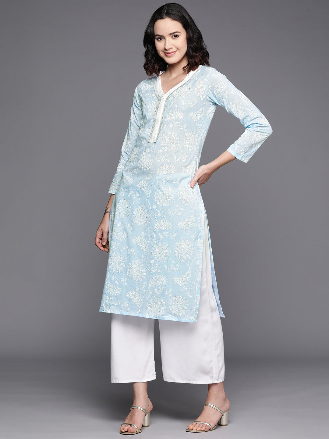 Women's Floral Printed Zari Pure Cotton Kurta - Ahalyaa