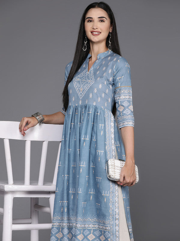 Women's Ethnic Motifs Printed Beads & Stones Pure Cotton Kurta - Ahalyaa