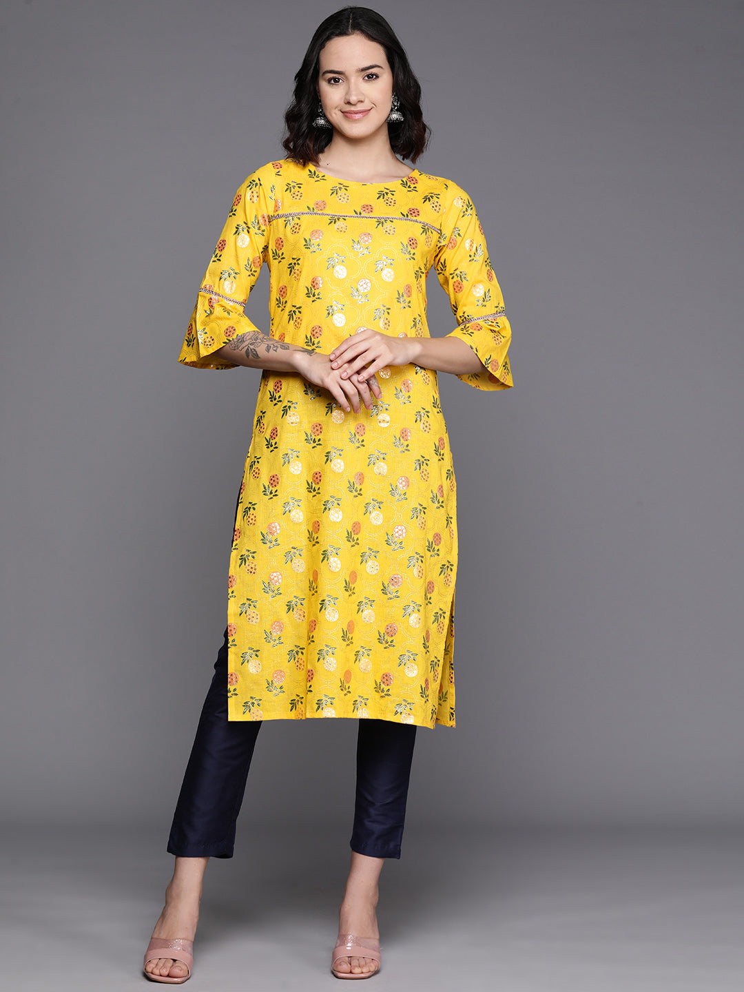 Women's Floral Printed Zari Bell Sleeves Pure Cotton Kurta - Ahalyaa