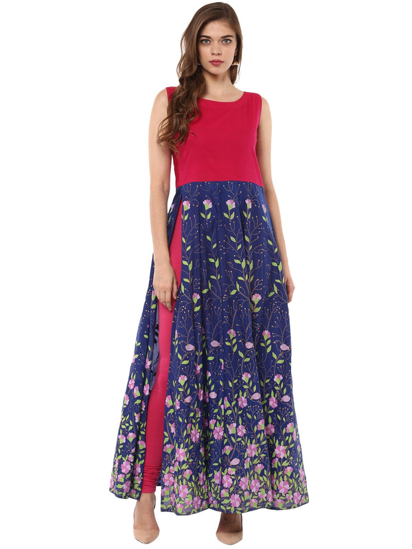 Women's Blue, Pink  & Gold Hand Printed Cotton Only Anarkali Kurta With Side Slit - Ahalyaa