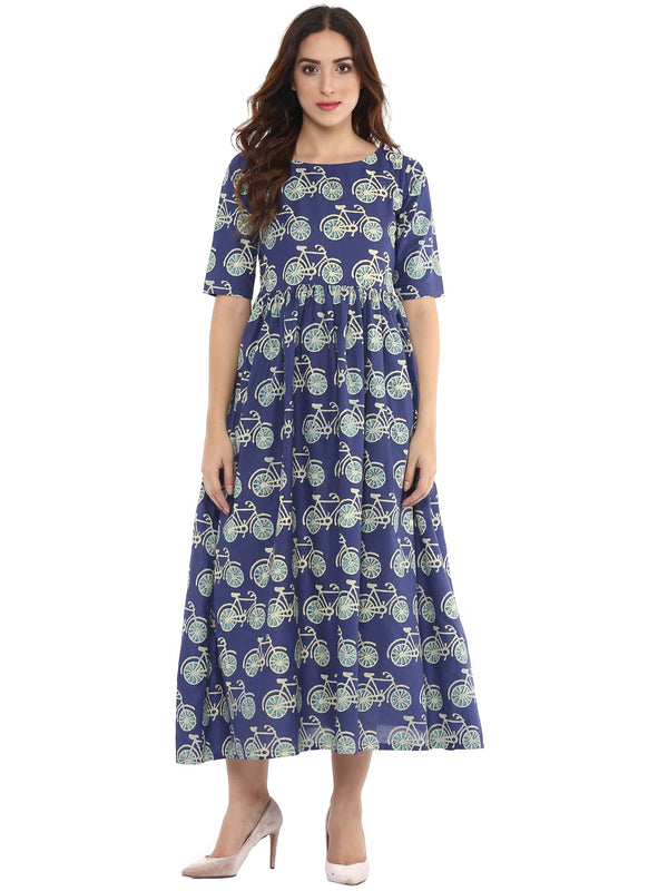 Women's Cycle Print Blue Flared Floor Length Cotton Only Kurta - Ahalyaa