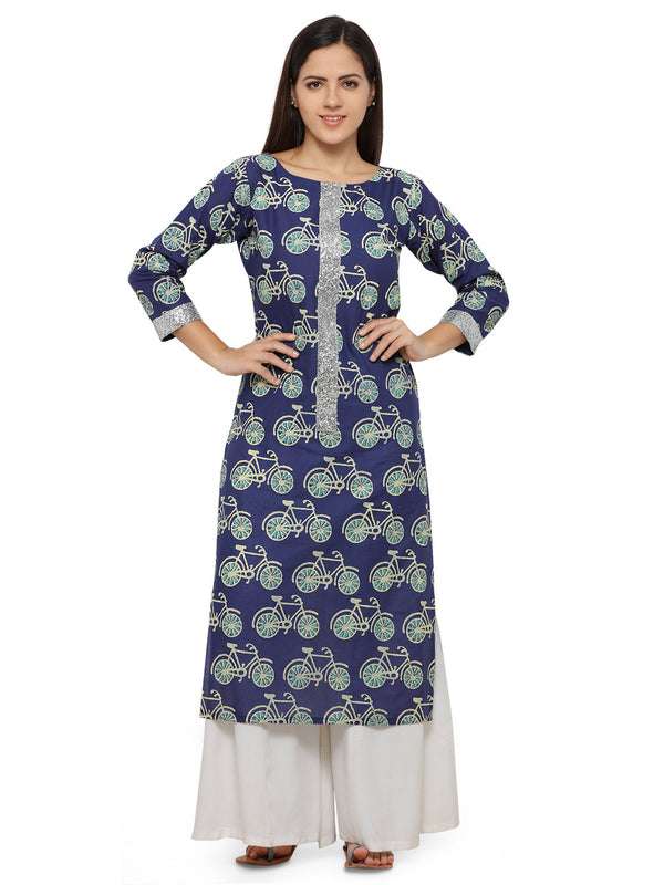 Women's Cycle Print Blue Straight Only Kurta With Silver Glitter Patti - Ahalyaa