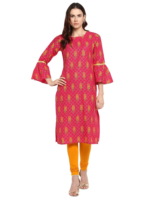 Women's Pink Cotton Only Kurta With Fit & Flare Sleeves - Ahalyaa