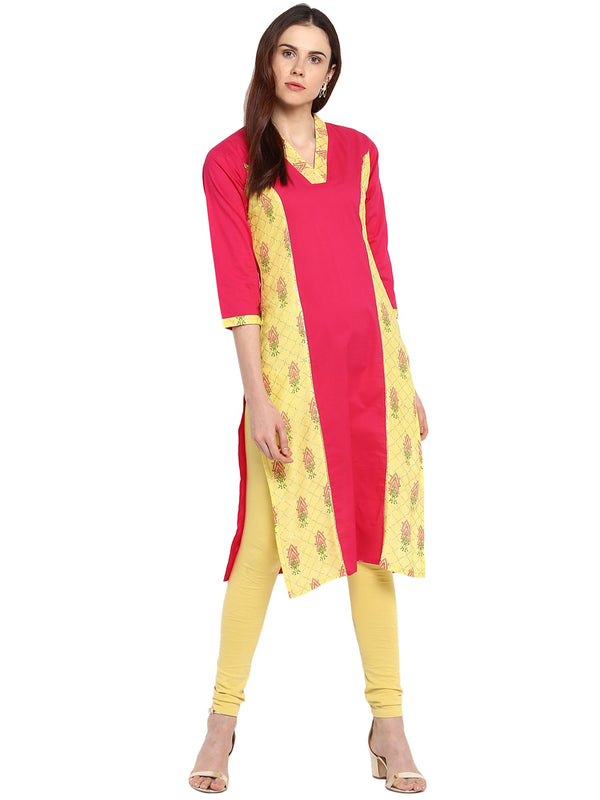 Women's V Neck Yellow Pink Cotton Panel Only Kurta - Ahalyaa