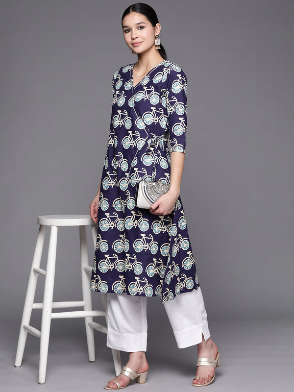 Navy Blue & Off White Pure Cotton Printed Angrakha Kurta