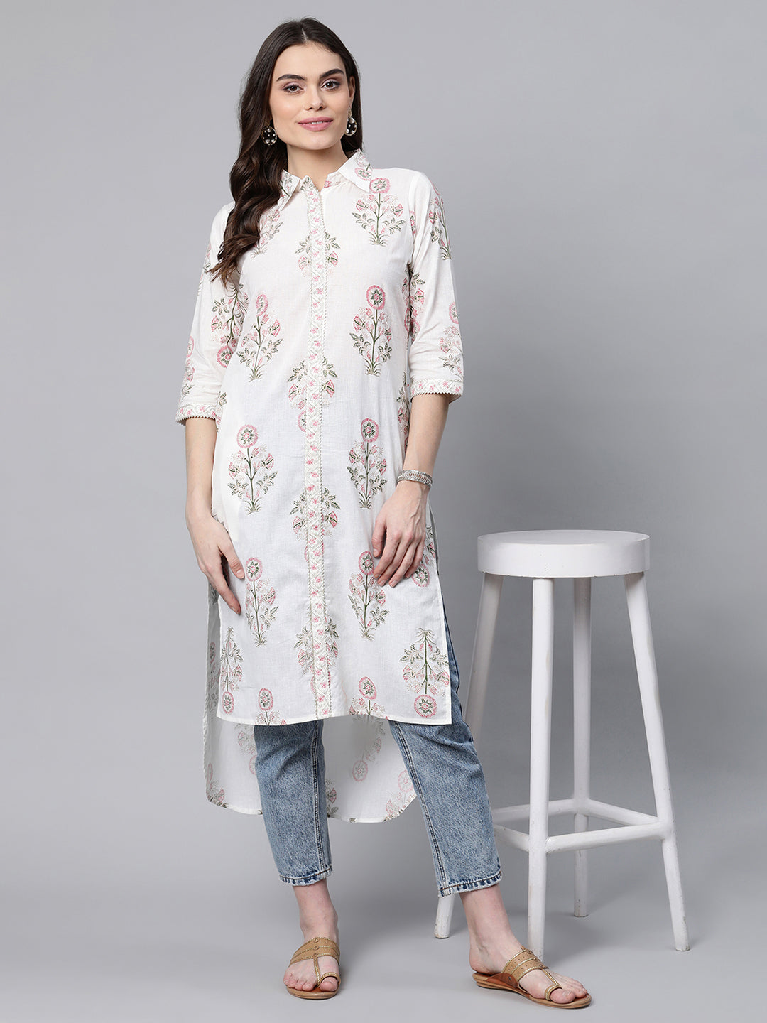 Women's Off White Pure Cotton Floral Printed Kurta - Ahalyaa