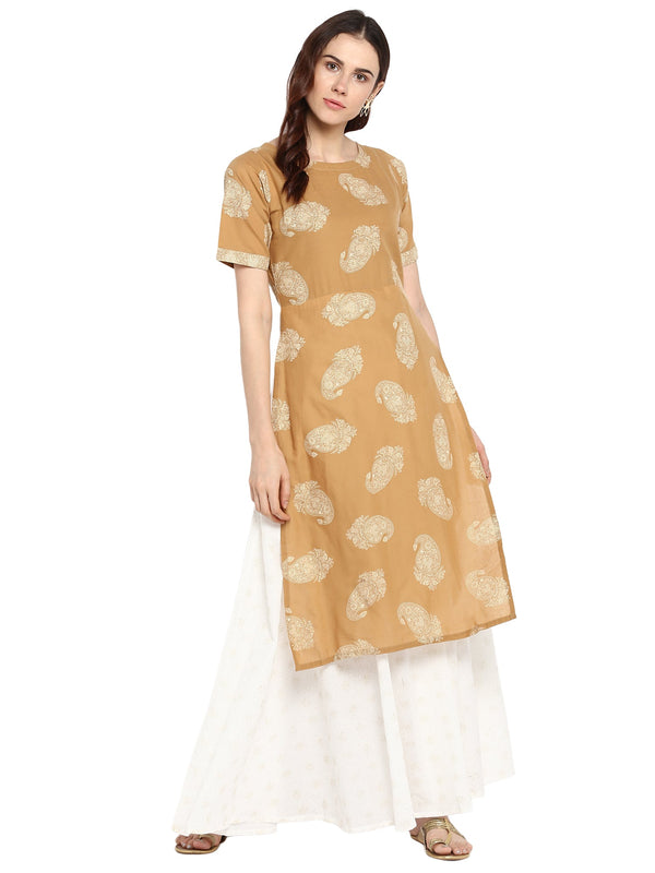 Women's Double Layered Beige & White Printed Cotton Only Kurta Dress - Ahalyaa