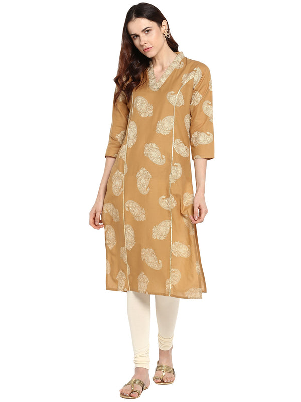 Women's Beige Printed Cotton Only Kurta With Gota Patti Lace Highlights - Ahalyaa