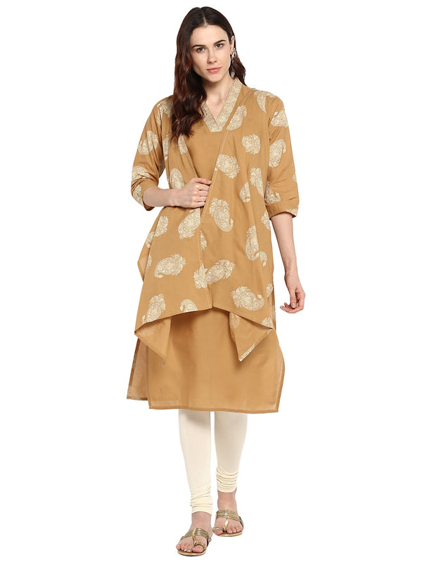 Women's Beige Printed Cotton Only Kurta With Attached Cape Scarf Extensions - Ahalyaa