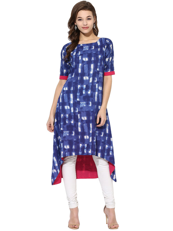 Women's Blue Color Short Sleeve And Boat Neck Cotton Only Kurti - Ahalyaa