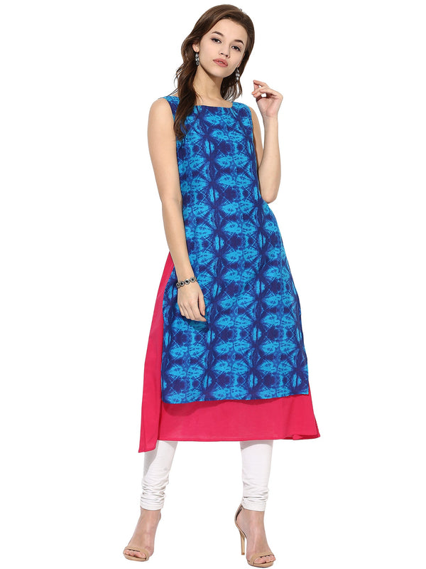 Women's Blue Color Sleeveless And Boat Neck Cotton Only Kurti - Ahalyaa