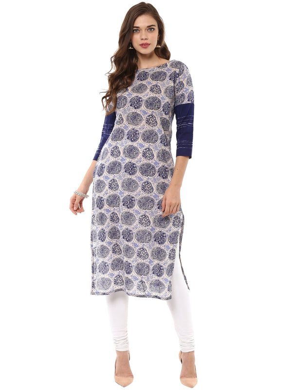 Women's Indigo & Beige Hand Printed Cotton Only Kurta - Ahalyaa