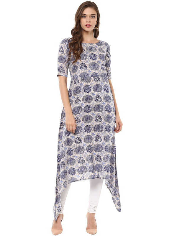 Women's Indigo Beige Assymetrical Cotton Only Kurta Dress - Ahalyaa