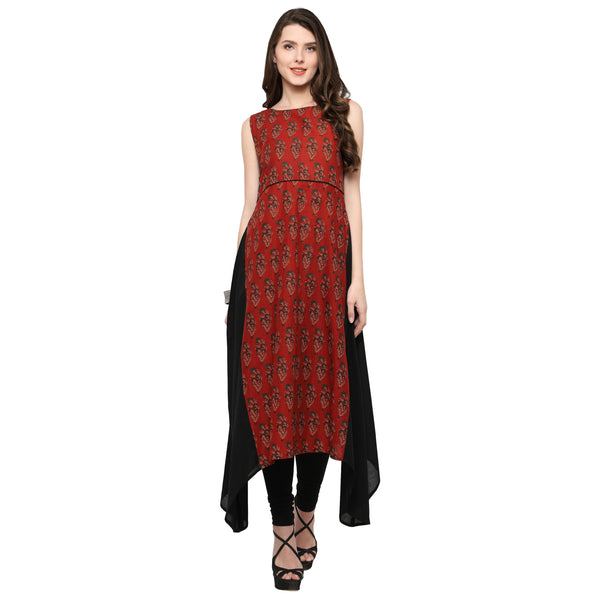 Women's Black & Maroon Hand Printed Cotton Only Kurta - Ahalyaa