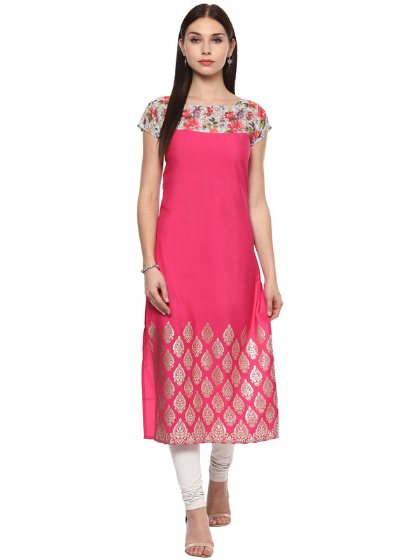 Women's Pink Chanderi Printed Kurta - Ahalyaa