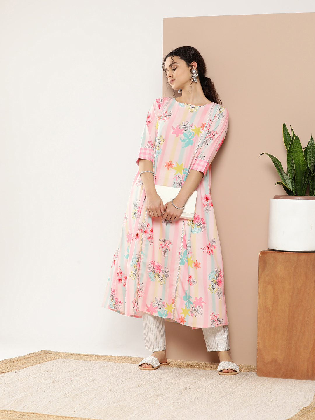 Women's Pink Striped Crepe Kurta - Ahalyaa