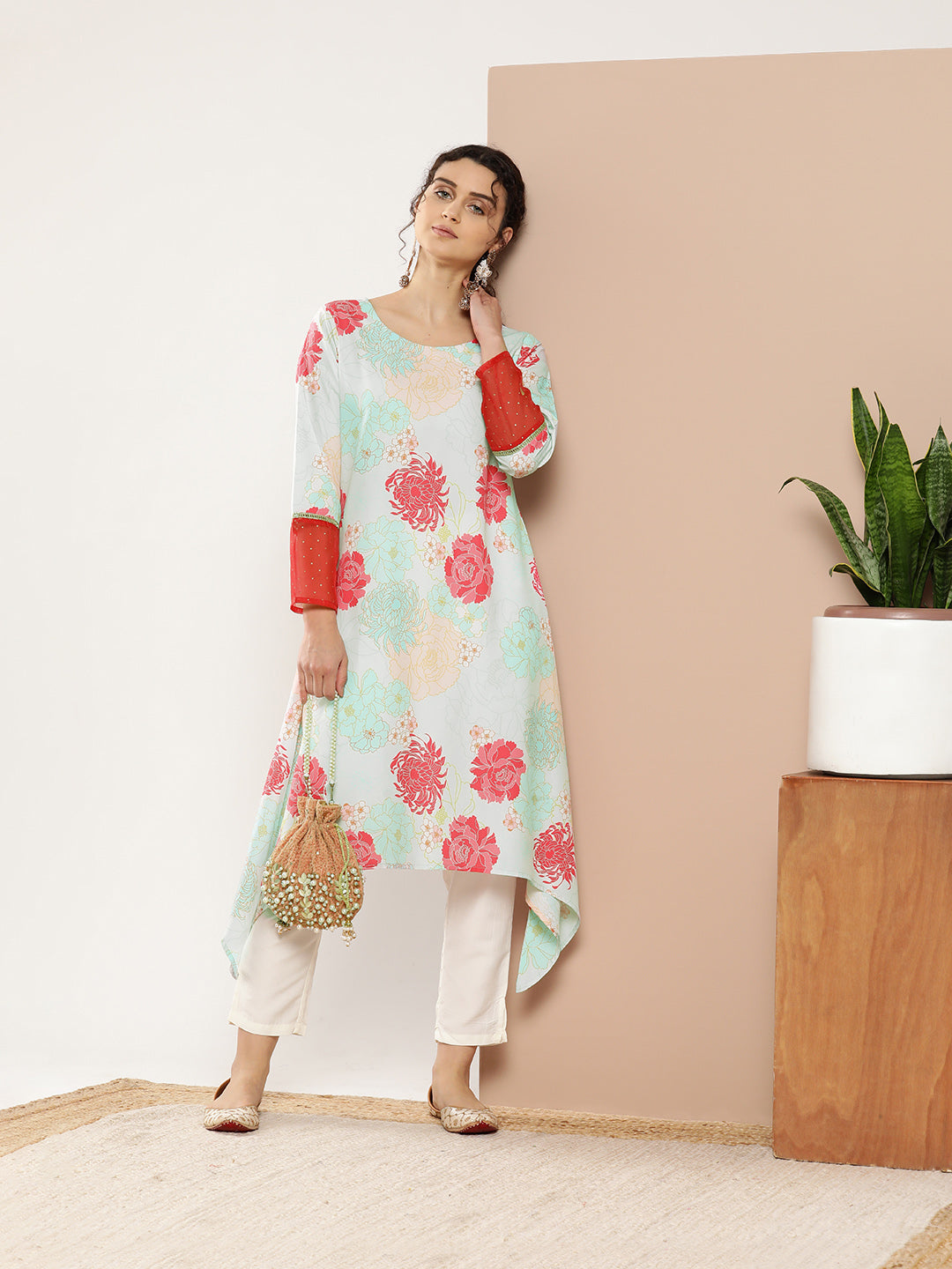 Women's Turquoise Blue Floral Crepe Kurta - Ahalyaa