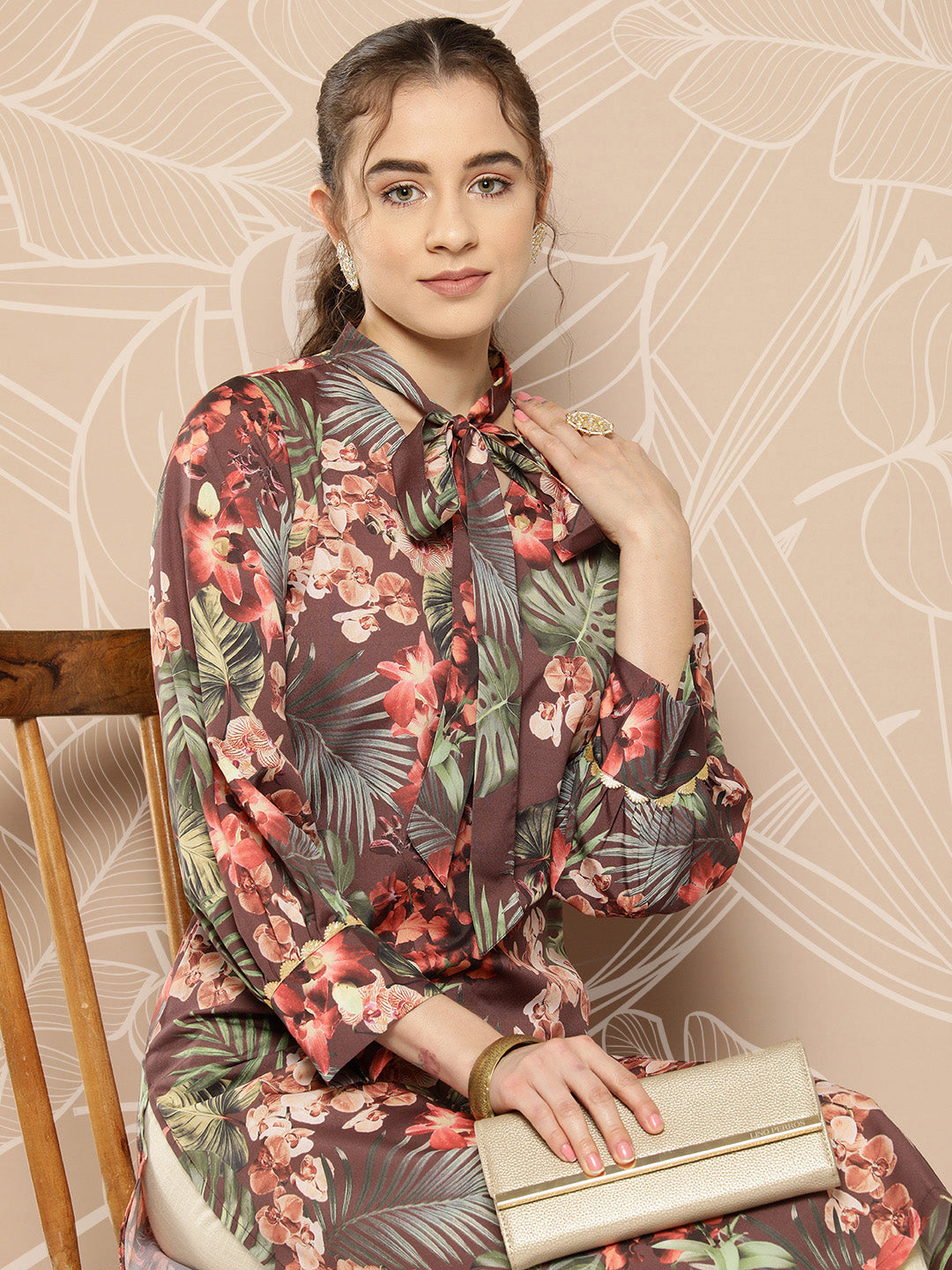 Women's Brown & Orange Floral Printed Crepe Kurta - Ahalyaa