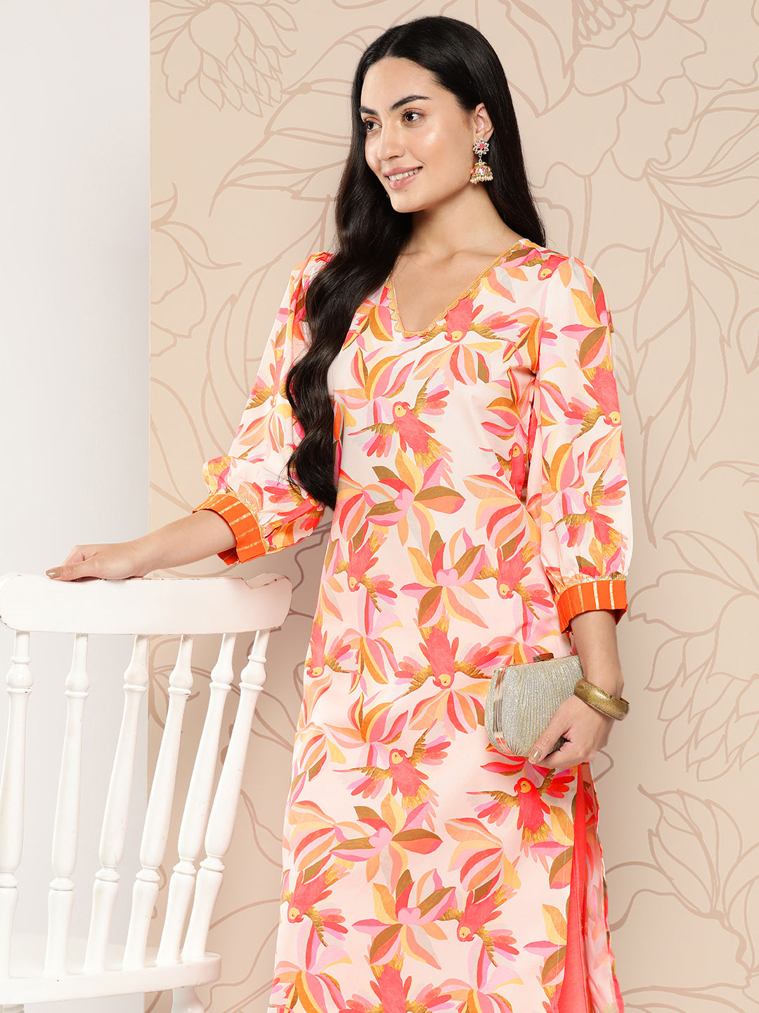 Women's Floral Printed Gotta Patti Crepe Kurta - Ahalyaa