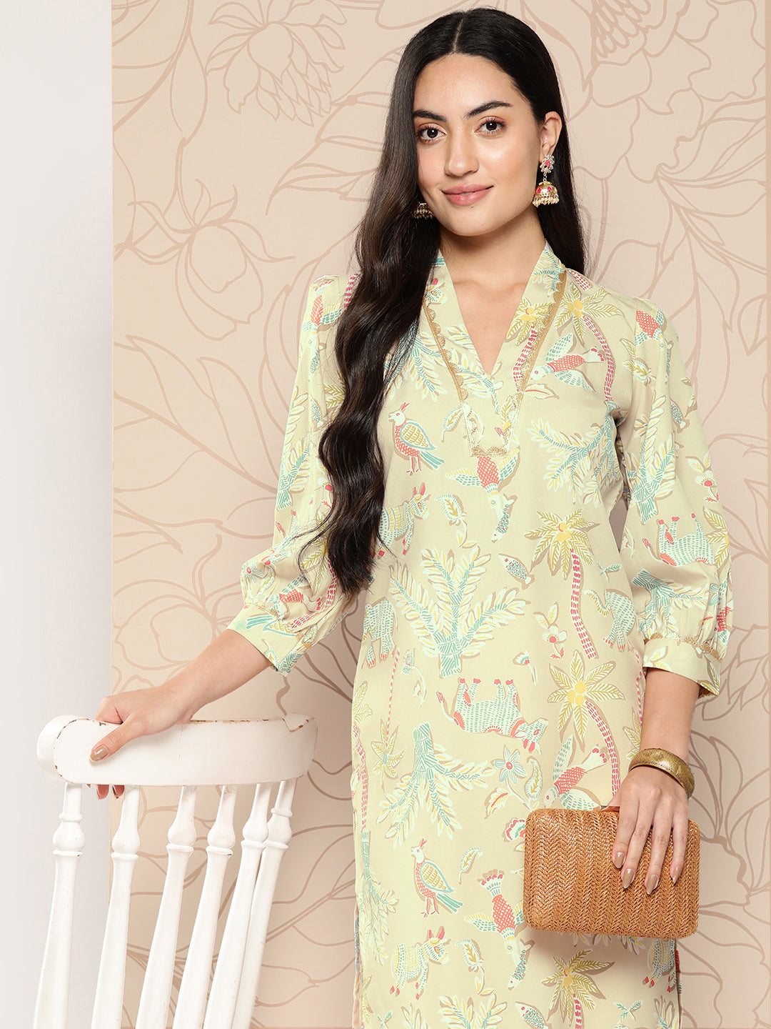 Women's Floral Printed Gotta Patti Crepe Kurta - Ahalyaa