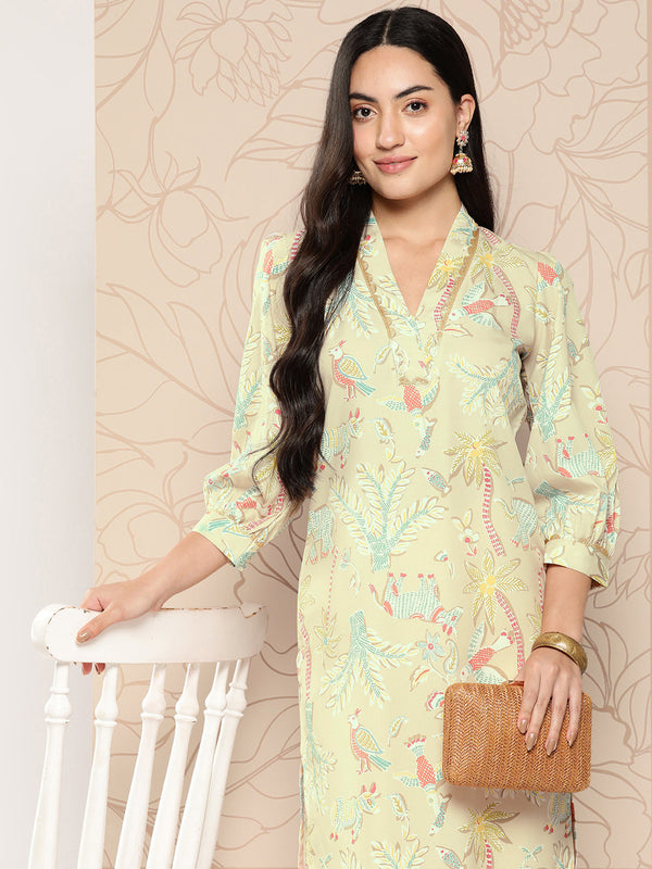 Tan Floral Printed Gotta Patti Kurta