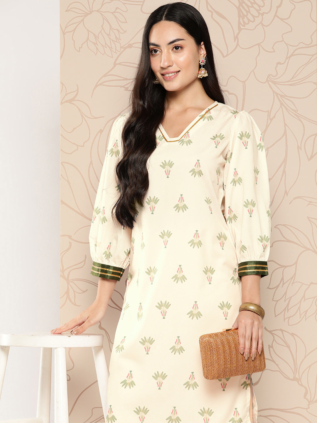 Women's Floral Printed Gotta Patti Crepe Kurta - Ahalyaa