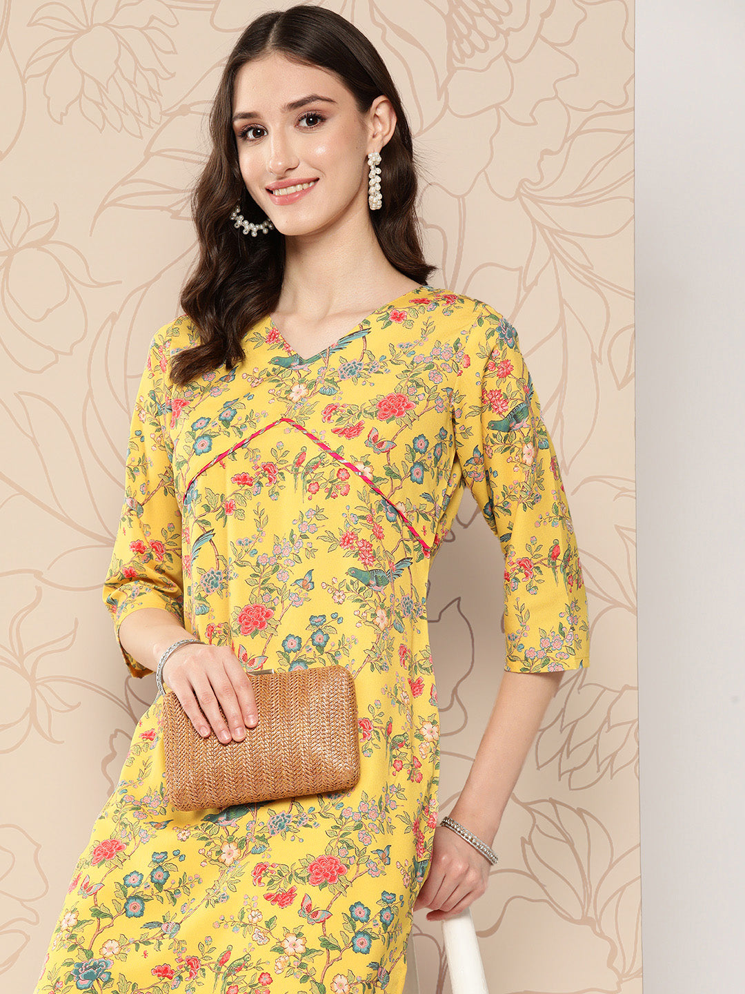 Women's Floral Printed Gotta Patti Crepe Kurta - Ahalyaa