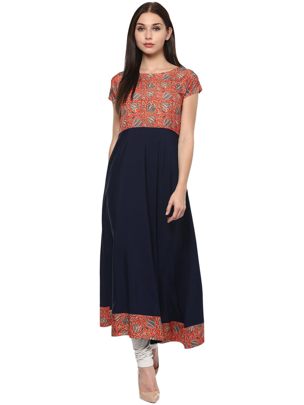 Women's Red & Navy A-Line Faux Crepe Only Kurti - Ahalyaa