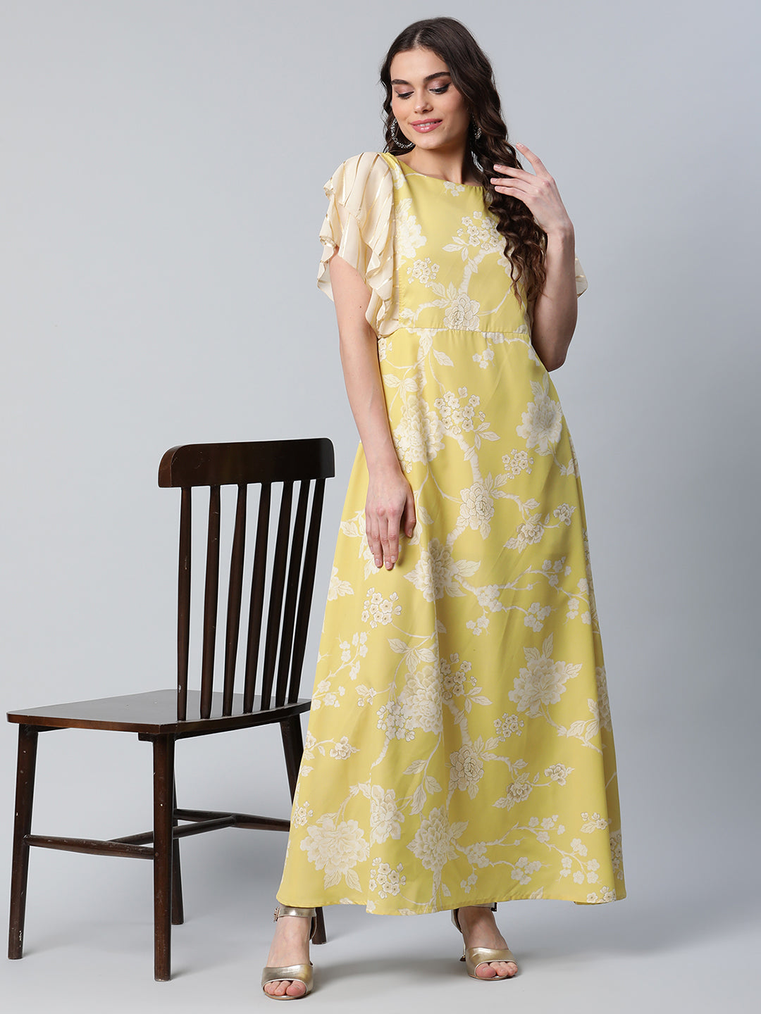 Women's Lemon Yellow Crepe Floral Dress - Ahalyaa