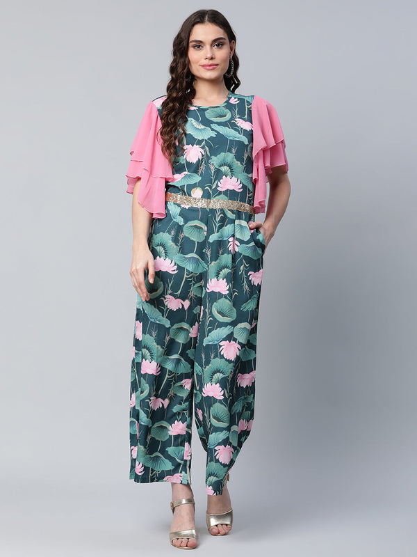 Women's Dark Green Crepe Printed Jumpsuit - Ahalyaa