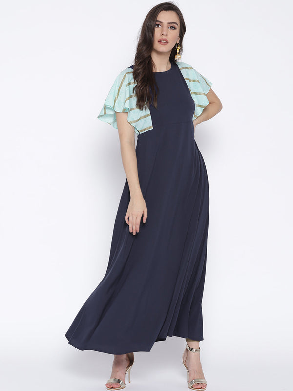 Women's Navy Blue & Light Blue Flared Sleeve Only Kurta Dress - Ahalyaa