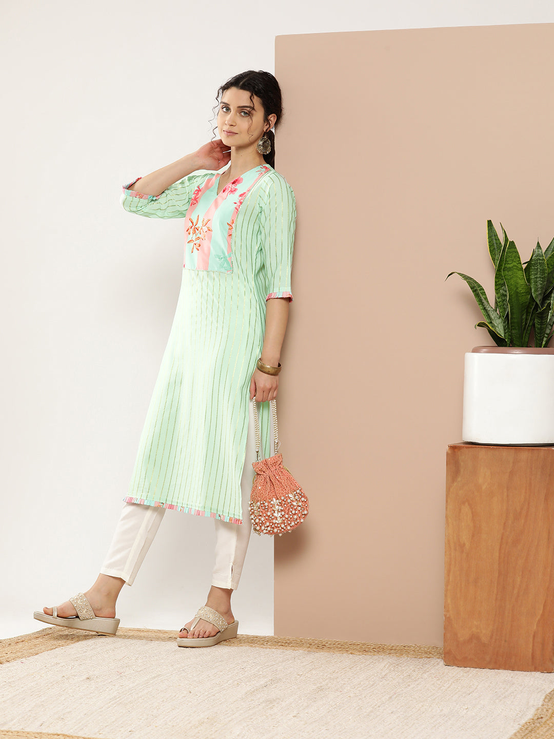 Women's Sea Green Striped Crepe Kurta - Ahalyaa