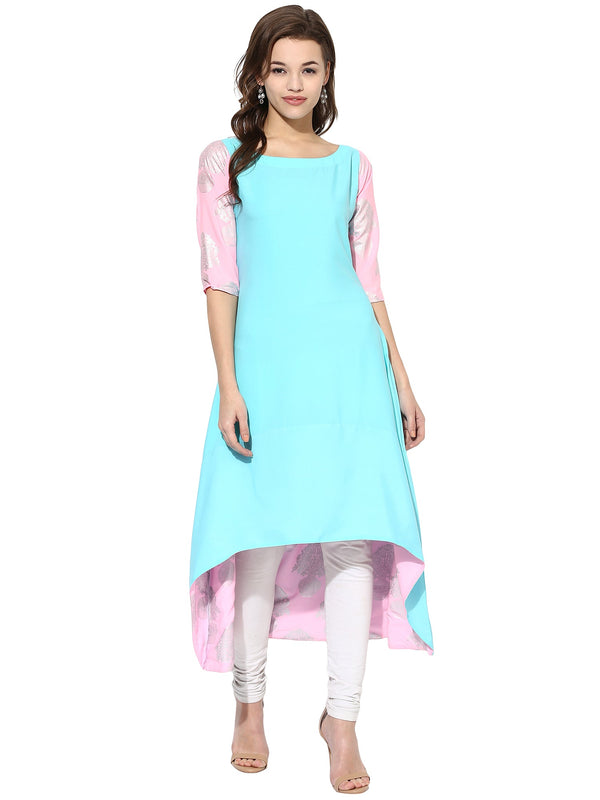 Women's Sky Blue Color Short Sleeve And Boat Neck Crepe Only Kurti - Ahalyaa