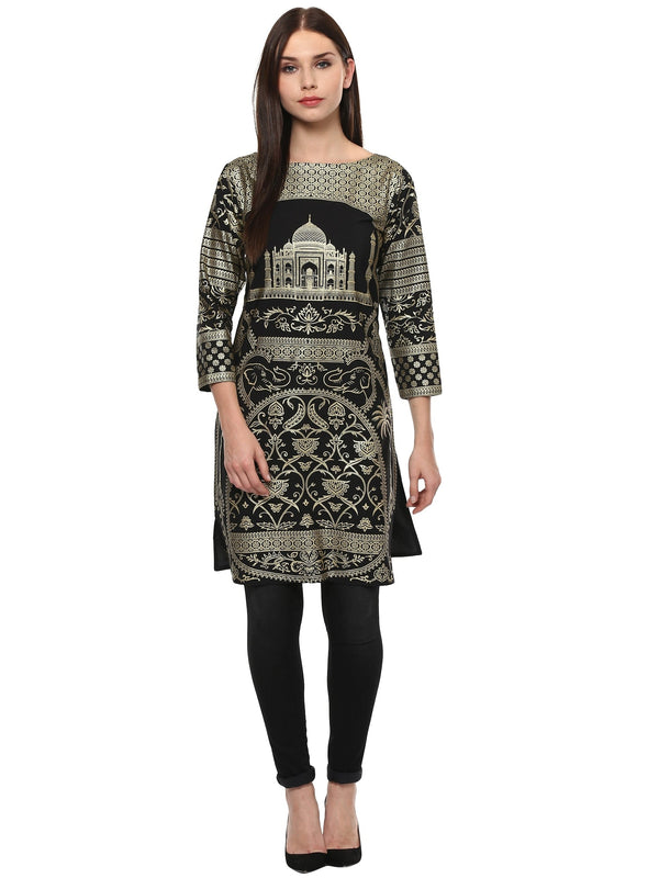 Women's Metallic Foil Print Taj Mahal Motif Faux Crepe Only Kurti - Ahalyaa