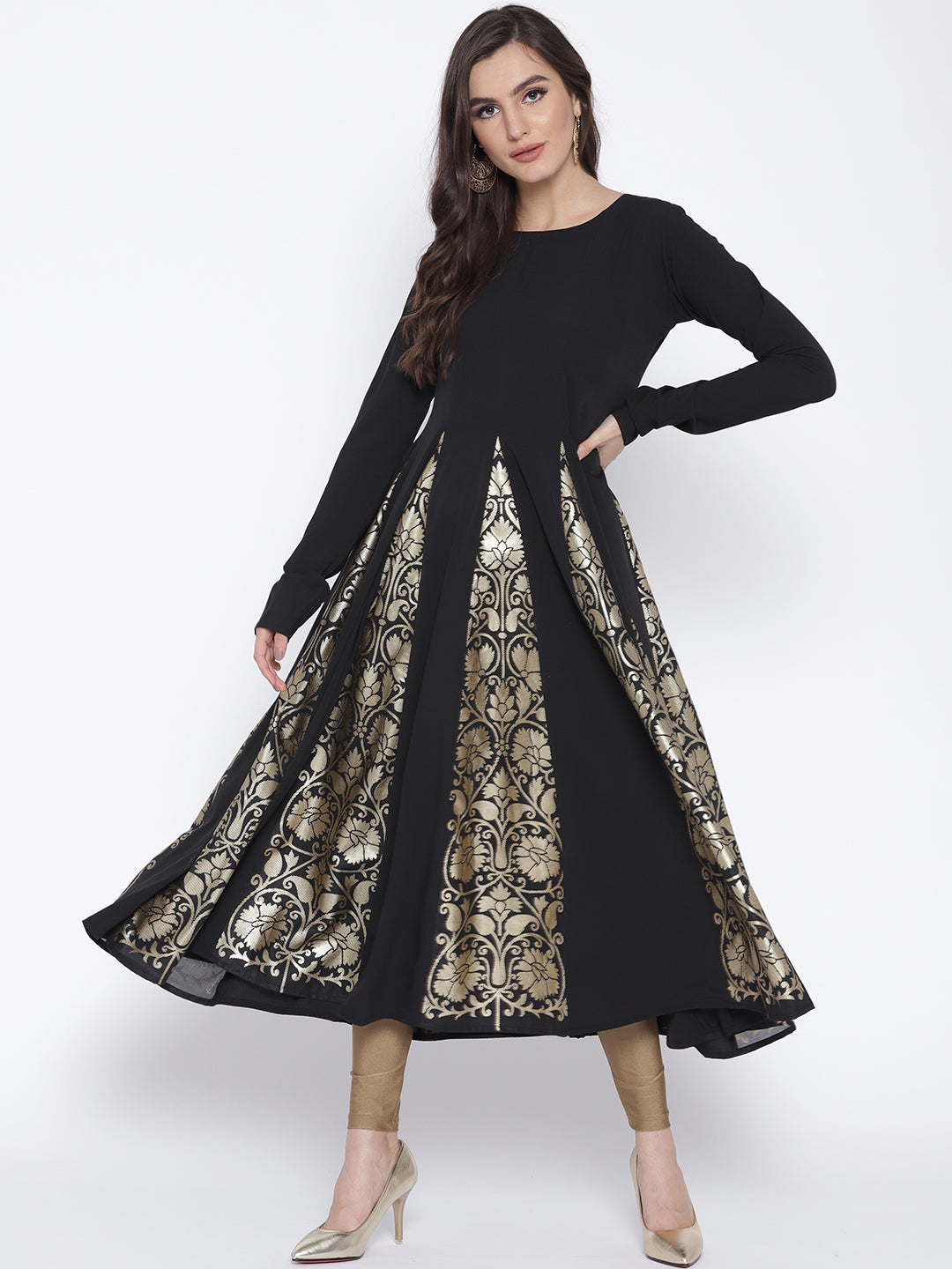 Women's Black Crepe Foil Printed Anarkali Kurta - Ahalyaa