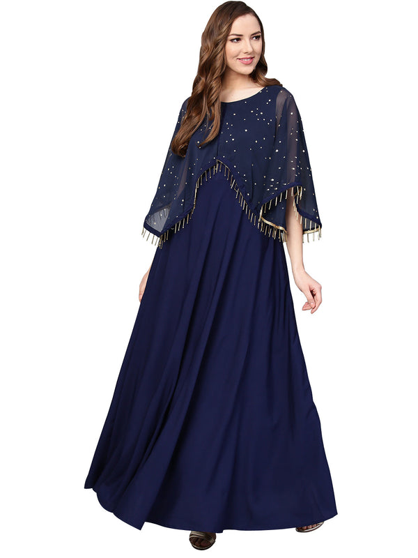 Women's Navy Blue Crepe Flared Dress - Ahalyaa