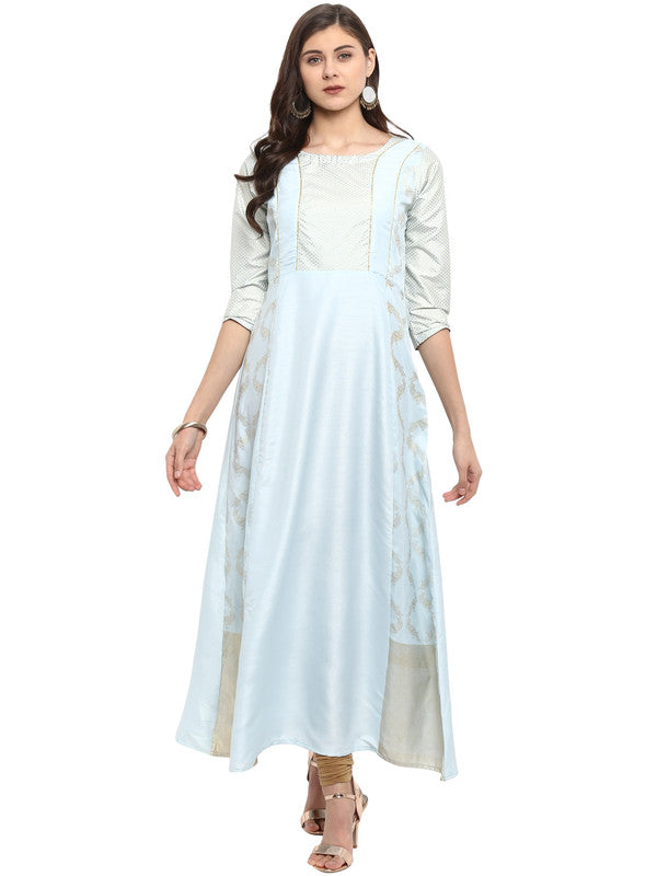 Women's Blue & Silver-Coloured Yoke Design A-Line Kurta - Ahalyaa