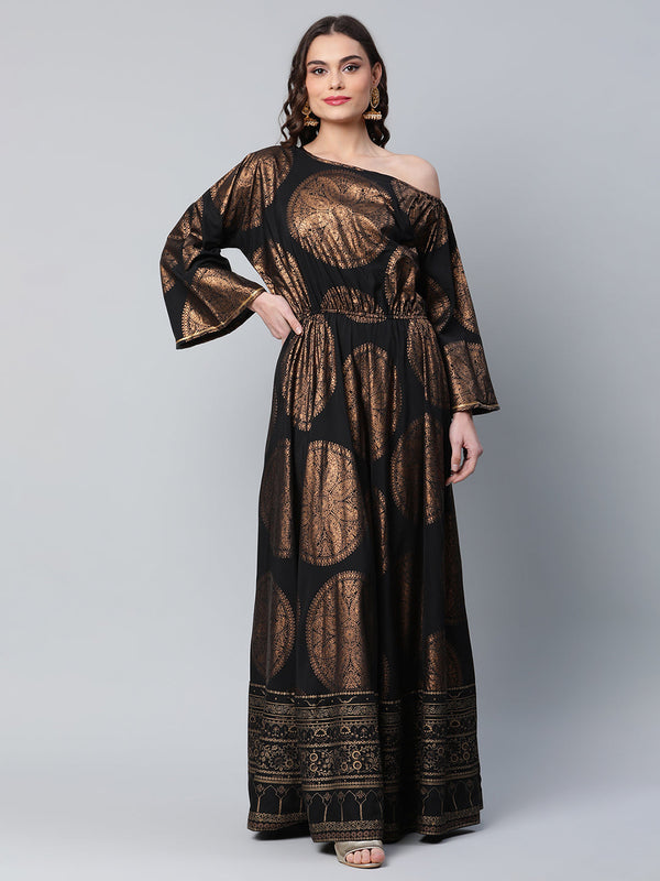 Women's Black Crepe Copper Foil Printed Maxi Dress - Ahalyaa