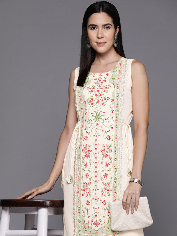 Women's Floral Printed Gotta Patti Crepe Kurta - Ahalyaa