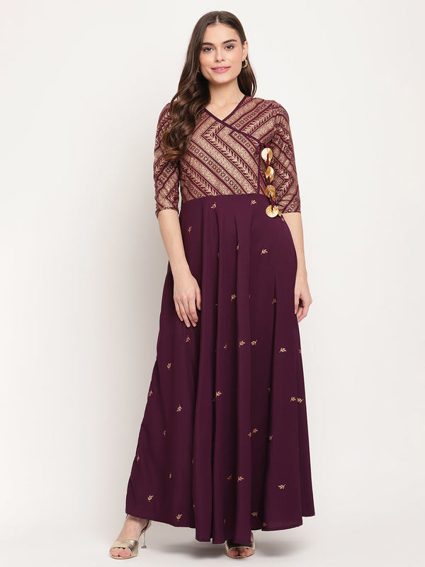 Women's Crepe Wine Colour Glitter Print Kurta- Ahalyaa