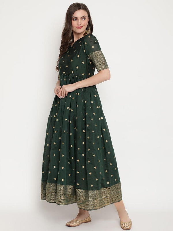 Women's Dark Green Chanderi Polka Dot Printed Kurta- Ahalyaa