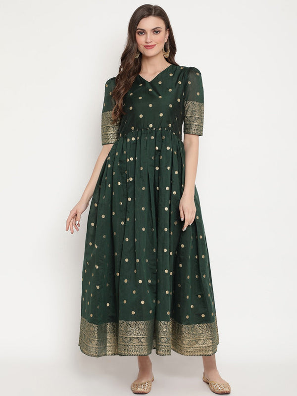 Green Polka Dots Print Chanderi Silk Anarkali Kurta